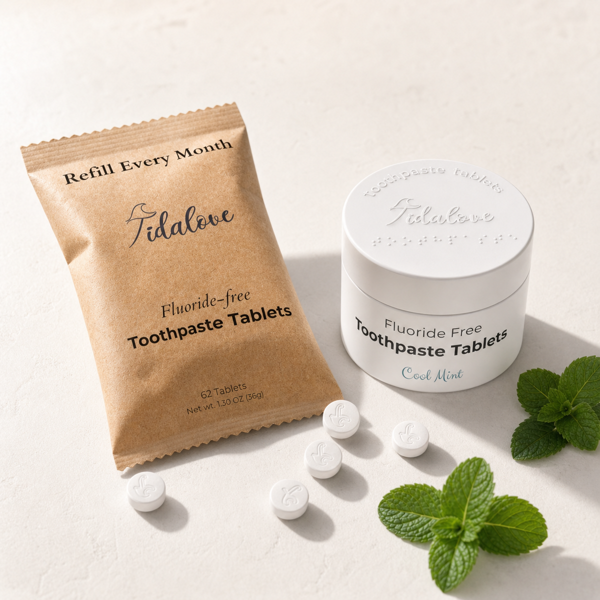 Fluoride-Free Cool Mint Toothpaste Tablets – 1-Month Supply | 5% nHAp
